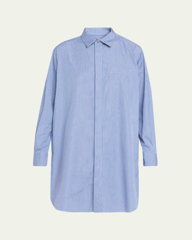 Pleated Sides Striped Poplin Shirtdress